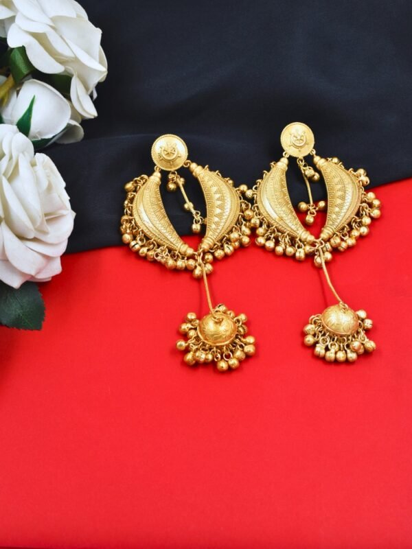Beautiful Handmade Long Gold Plated Kashmiri Earring Embellished with Ghungroo