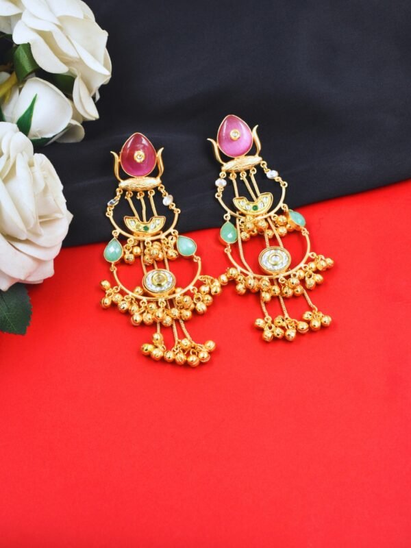 Beautiful Handmade Long Gold Plated Kashmiri Earring Embellished with Ghungroo
