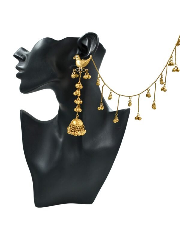 Beautiful Handmade Long Gold Plated Kashmiri Earring Embellished with Ghungroo and Hairchain - Image 4