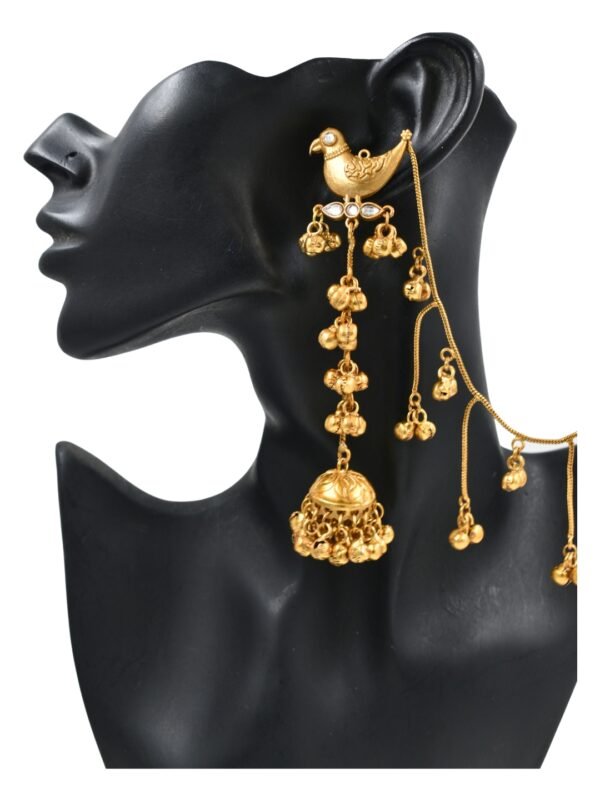 Beautiful Handmade Long Gold Plated Kashmiri Earring Embellished with Ghungroo and Hairchain - Image 5