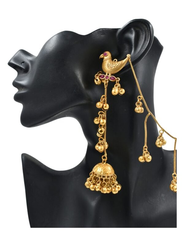 Beautiful Handmade Long Gold Plated Kashmiri Earring Embellished with Ghungroo and Hairchain - Image 4