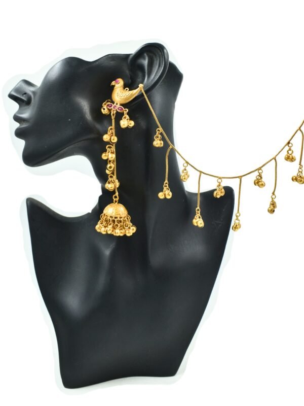 Beautiful Handmade Long Gold Plated Kashmiri Earring Embellished with Ghungroo and Hairchain - Image 3