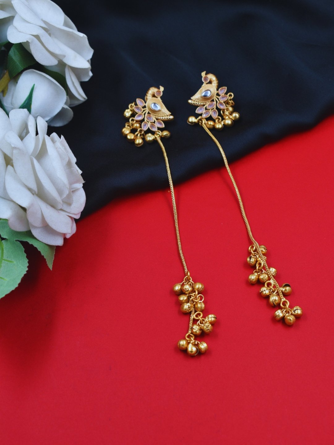 Beautiful Handmade Long Gold Plated Kashmiri Earring Embellished with Ghungroo
