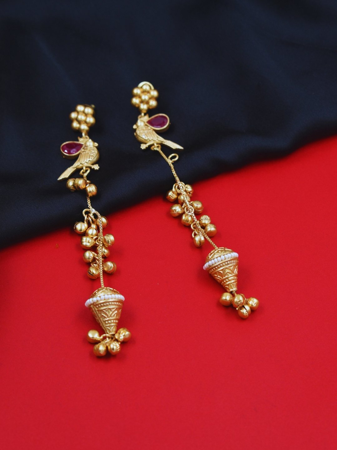 Beautiful Handmade Long Gold Plated Kashmiri Earring Embellished with Ghungroo - Image 2