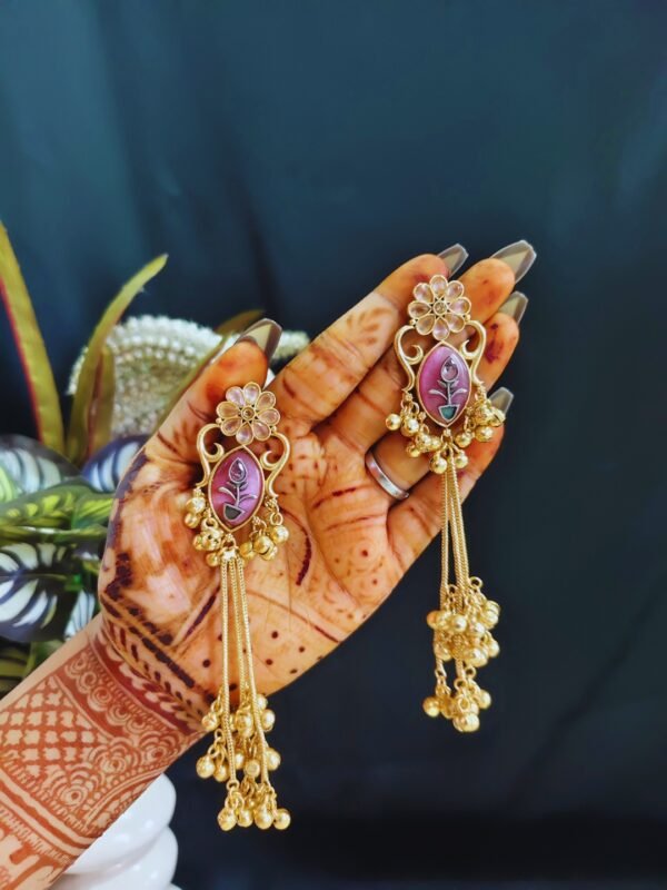 Beautiful Handmade Long Gold Plated Kashmiri Earring Embellished with Ghungroo - Image 3