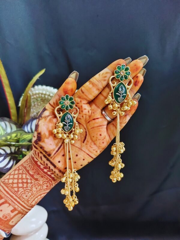 Beautiful Handmade Long Gold Plated Kashmiri Earring Embellished with Ghungroo - Image 3