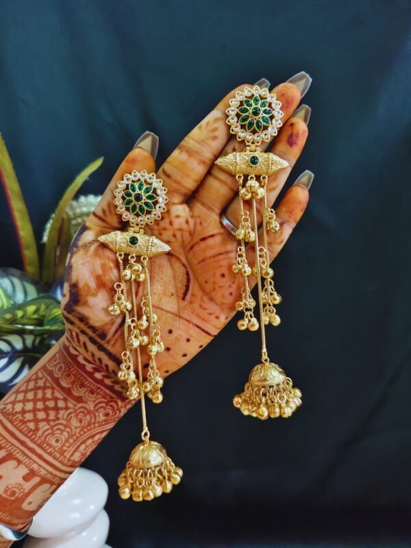 Beautiful Handmade Long Gold Plated Kashmiri Earring Embellished with Ghungroo - Image 3