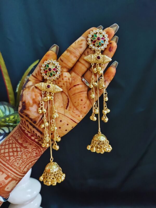 Beautiful Handmade Long Gold Plated Kashmiri Earring Embellished with Ghungroo - Image 3