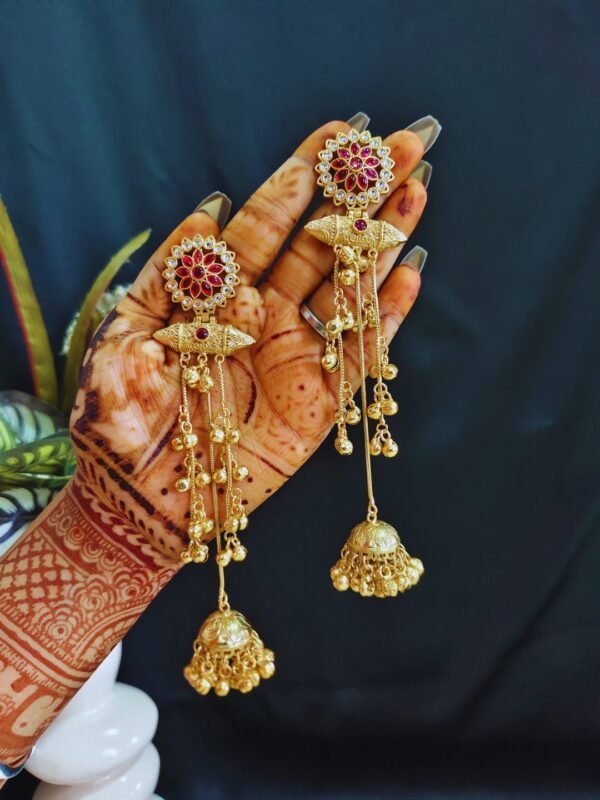 Beautiful Handmade Long Gold Plated Kashmiri Earring Embellished with Ghungroo - Image 3