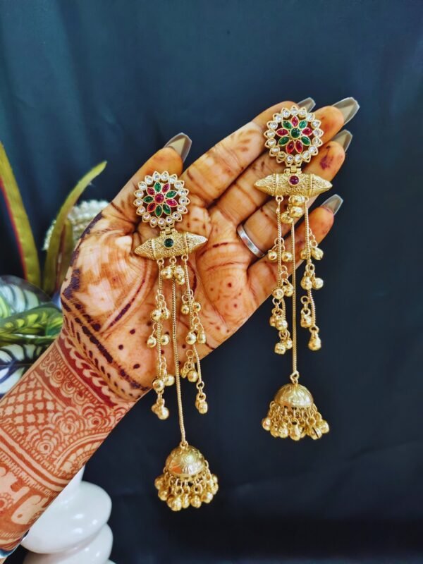 Beautiful Handmade Long Gold Plated Kashmiri Earring Embellished with Ghungroo - Image 3