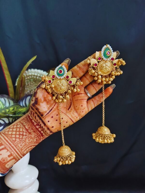Beautiful Handmade Long Gold Plated Kashmiri Earring Embellished with Ghungroo - Image 3