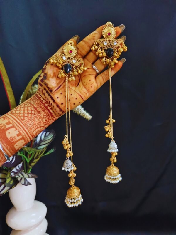 Beautiful Handmade Long Gold Plated Kashmiri Earring Embellished with Ghungroo - Image 3