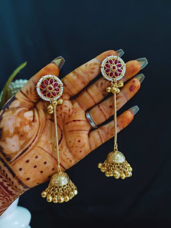 Beautiful Handmade Long Gold Plated Kashmiri Earring Embellished with Ghungroo - Image 3