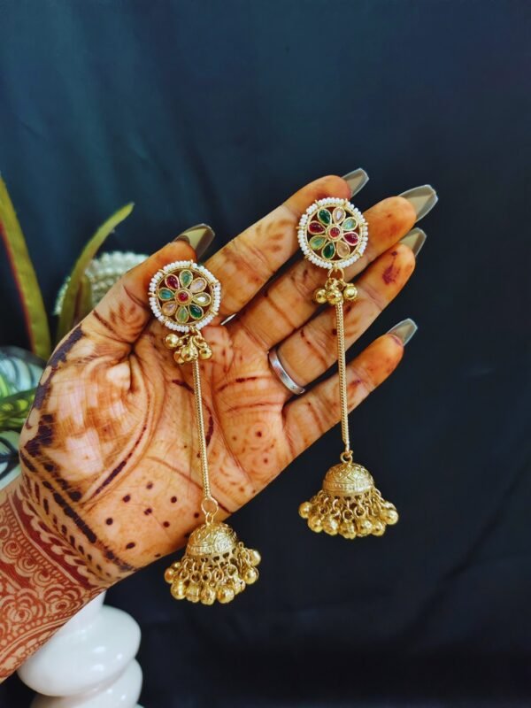 Beautiful Handmade Long Gold Plated Kashmiri Earring Embellished with Ghungroo - Image 3