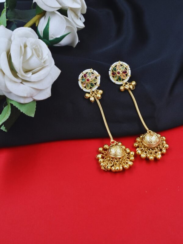 Beautiful Handmade Long Gold Plated Kashmiri Earring Embellished with Ghungroo