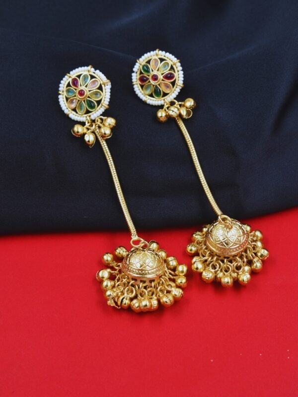Beautiful Handmade Long Gold Plated Kashmiri Earring Embellished with Ghungroo - Image 2