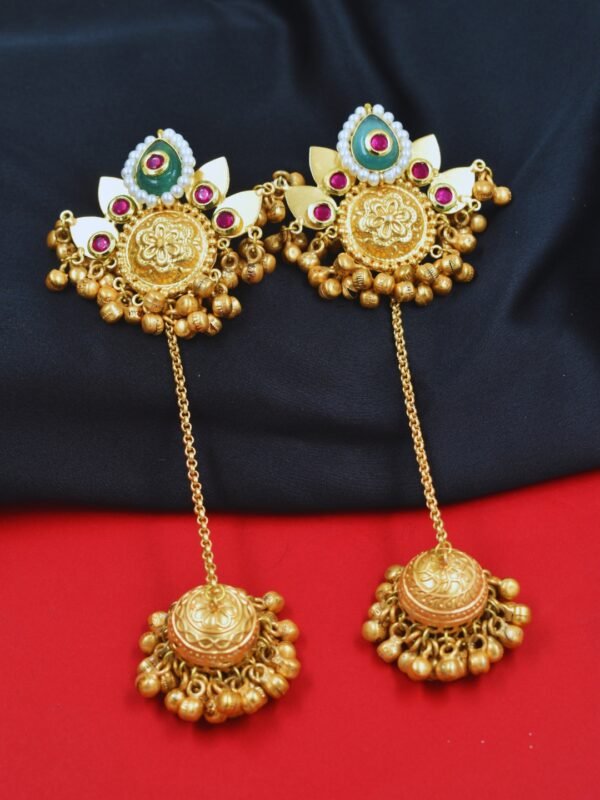 Beautiful Handmade Long Gold Plated Kashmiri Earring Embellished with Ghungroo - Image 2