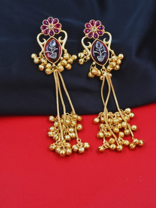 Beautiful Handmade Long Gold Plated Kashmiri Earring Embellished with Ghungroo - Image 2