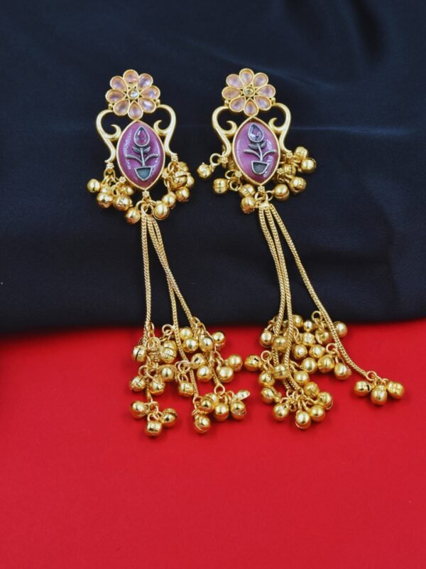 Beautiful Handmade Long Gold Plated Kashmiri Earring Embellished with Ghungroo - Image 2