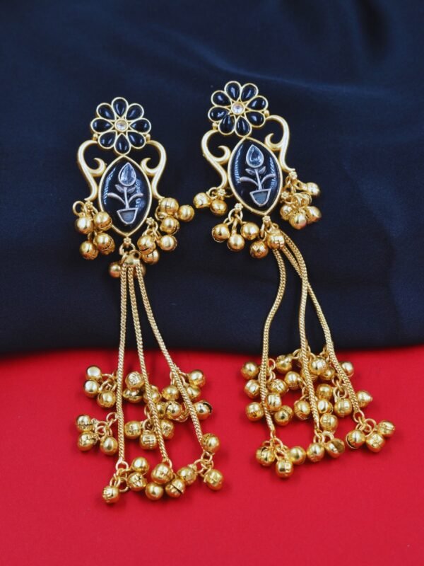 Beautiful Handmade Long Gold Plated Kashmiri Earring Embellished with Ghungroo - Image 2