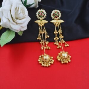 Beautiful Handmade Long Gold Plated Kashmiri Earring Embellished with Ghungroo