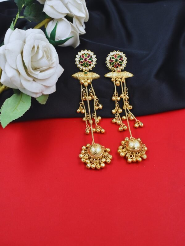 Beautiful Handmade Long Gold Plated Kashmiri Earring Embellished with Ghungroo
