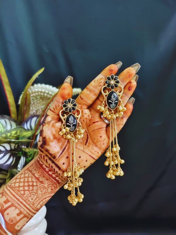 Beautiful Handmade Long Gold Plated Kashmiri Earring Embellished with Ghungroo - Image 3