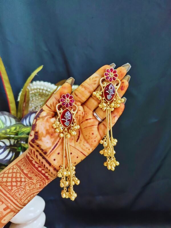 Beautiful Handmade Long Gold Plated Kashmiri Earring Embellished with Ghungroo - Image 3