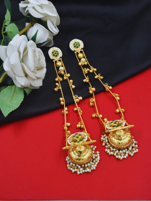 Beautiful Handmade Long Gold Plated Kashmiri Earring Embellished with Ghungroo