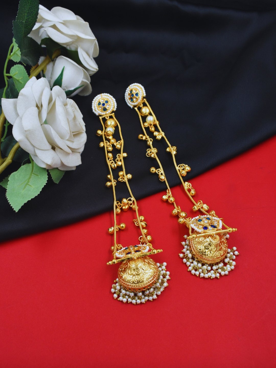 Beautiful Handmade Long Gold Plated Kashmiri Earring Embellished with Ghungroo
