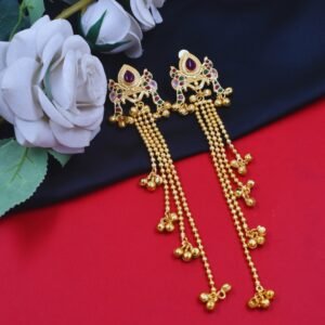 Beautiful Handmade Long Gold Plated Kashmiri Earring Embellished with Ghungroo