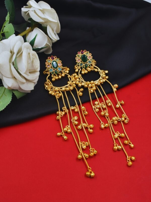 Beautiful Handmade Long Gold Plated Kashmiri Earring Embellished with Ghungroo
