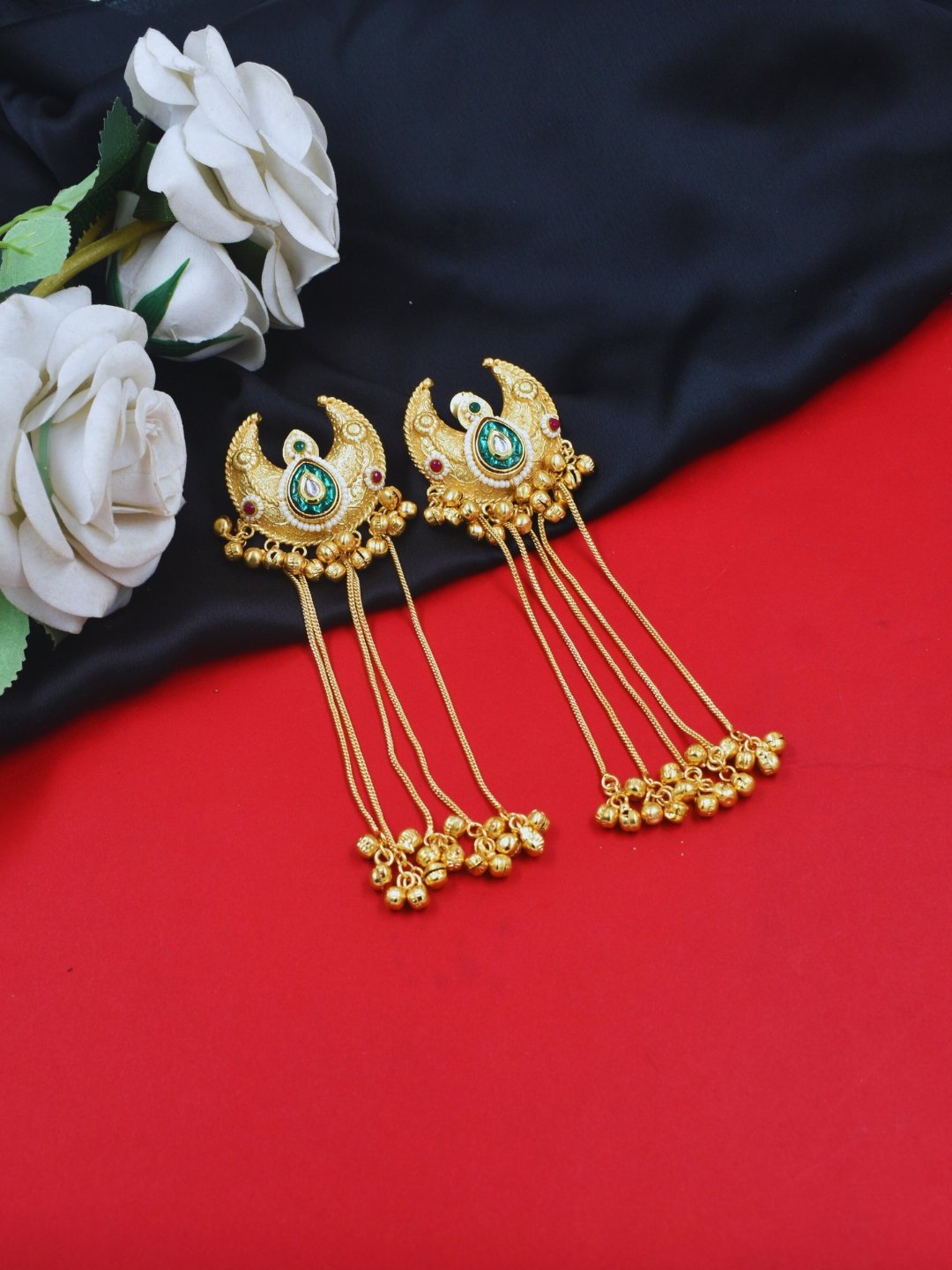 Beautiful Handmade Long Gold Plated Kashmiri Earring Embellished with Ghungroo