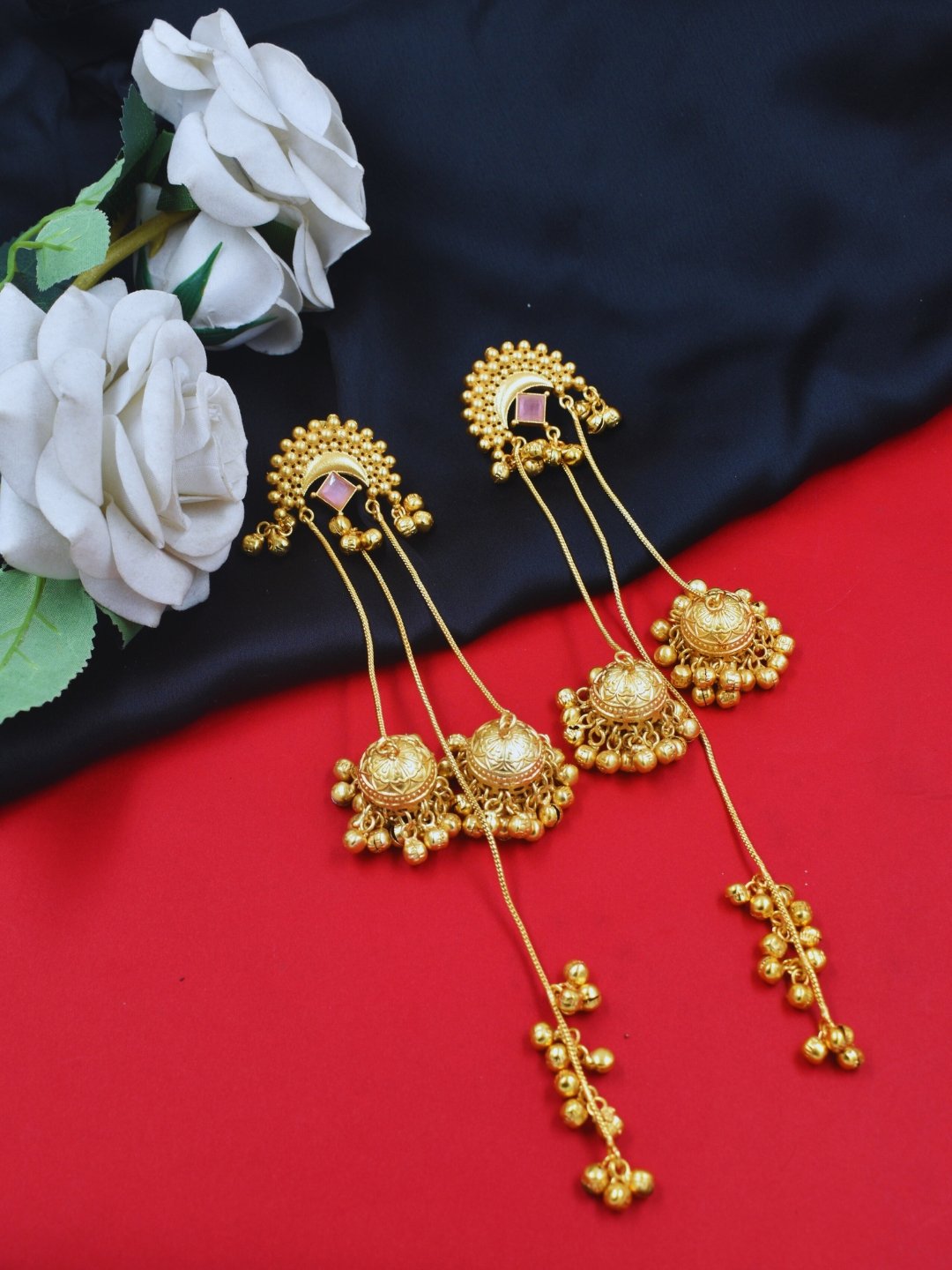 Beautiful Handmade Long Gold Plated Kashmiri Earring Embellished with Ghungroo