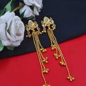 Beautiful Handmade Long Gold Plated Kashmiri Earring Embellished with Ghungroo