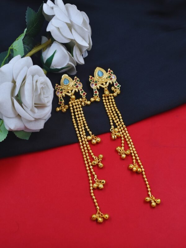 Beautiful Handmade Long Gold Plated Kashmiri Earring Embellished with Ghungroo