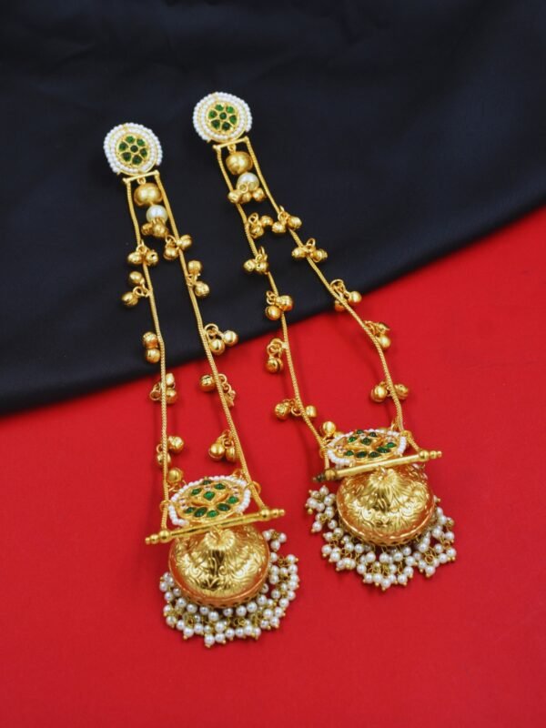 Beautiful Handmade Long Gold Plated Kashmiri Earring Embellished with Ghungroo - Image 4