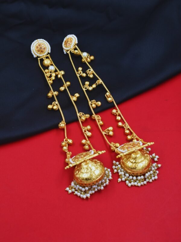 Beautiful Handmade Long Gold Plated Kashmiri Earring Embellished with Ghungroo - Image 4