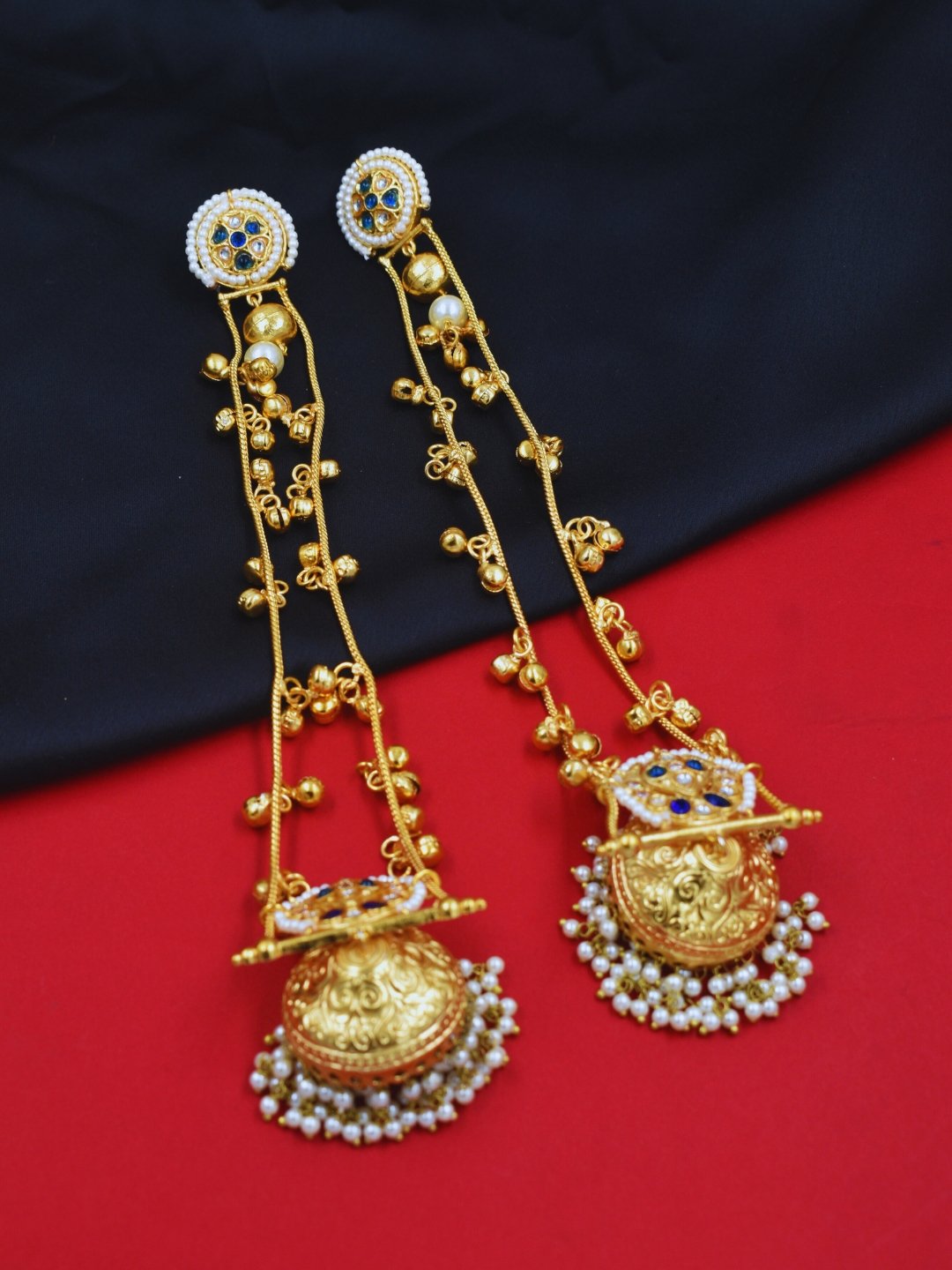 Beautiful Handmade Long Gold Plated Kashmiri Earring Embellished with Ghungroo - Image 3