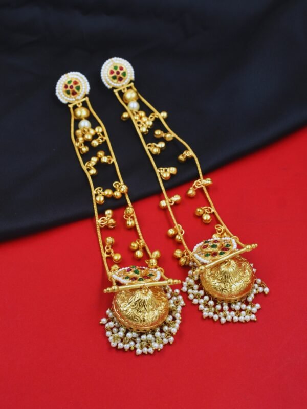 Beautiful Handmade Long Gold Plated Kashmiri Earring Embellished with Ghungroo - Image 4