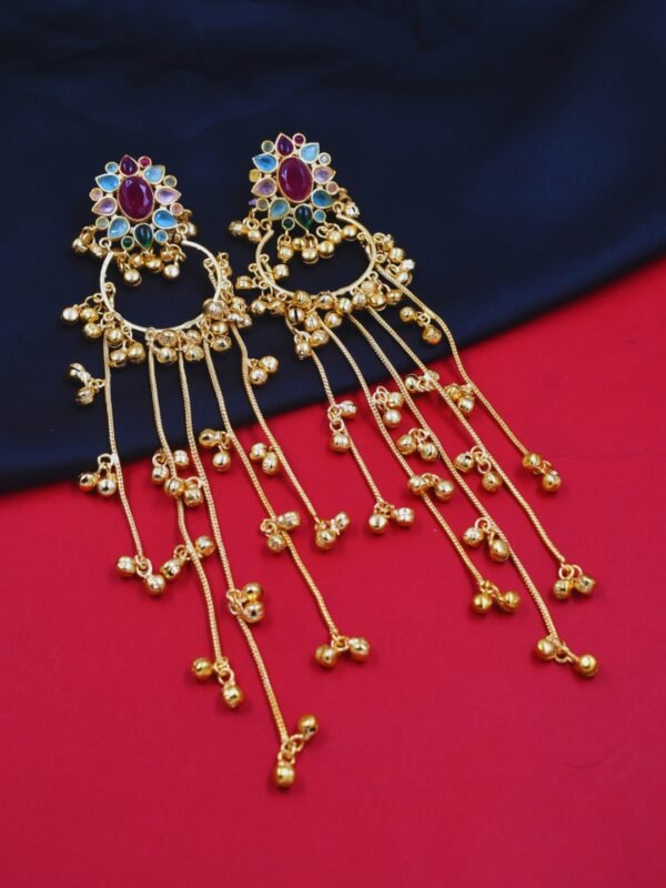 Beautiful Handmade Long Gold Plated Kashmiri Earring Embellished with Ghungroo - Image 4