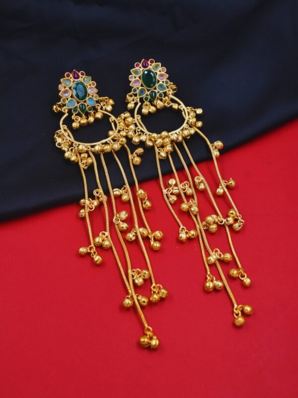 Beautiful Handmade Long Gold Plated Kashmiri Earring Embellished with Ghungroo - Image 4
