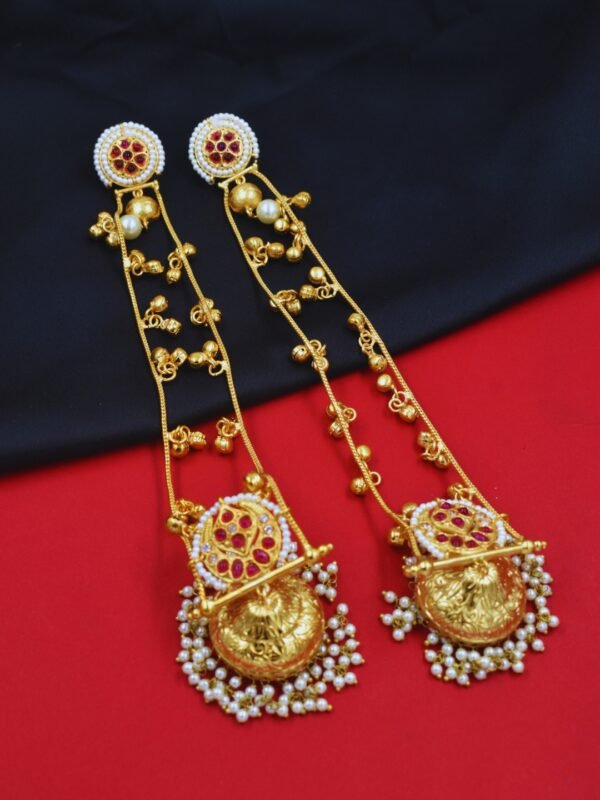 Beautiful Handmade Long Gold Plated Kashmiri Earring Embellished with Ghungroo - Image 4