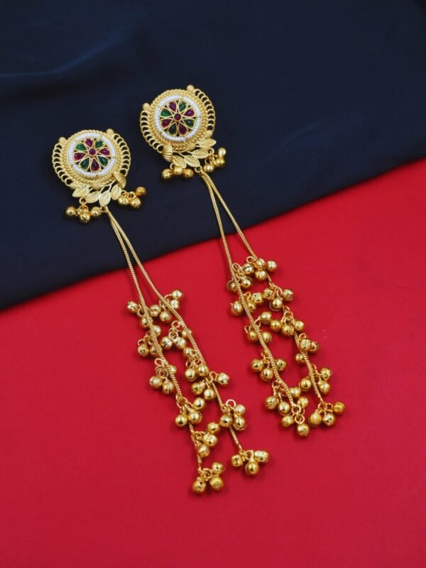 Beautiful Handmade Long Gold Plated Kashmiri Earring Embellished with Ghungroo - Image 3