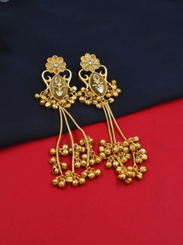 Beautiful Handmade Long Gold Plated Kashmiri Earring Embellished with Ghungroo - Image 2