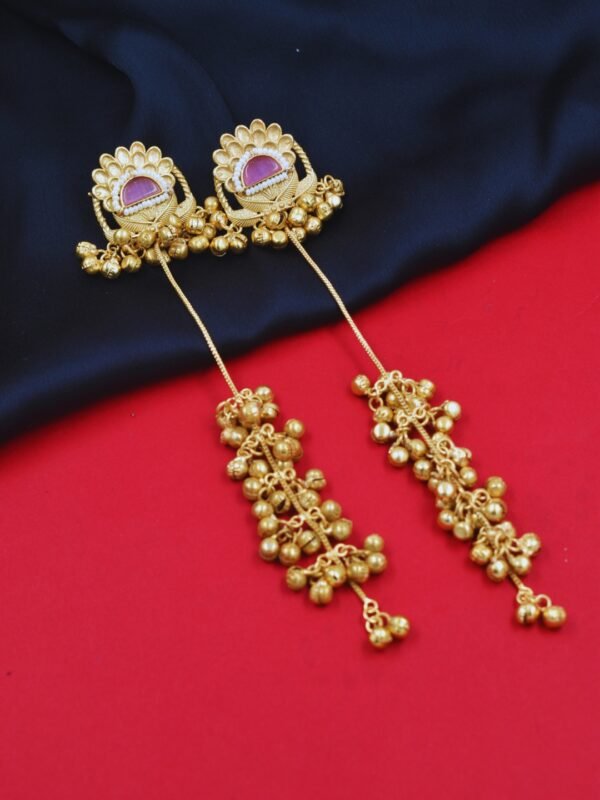 Beautiful Handmade Long Gold Plated Kashmiri Earring Embellished with Ghungroo - Image 3