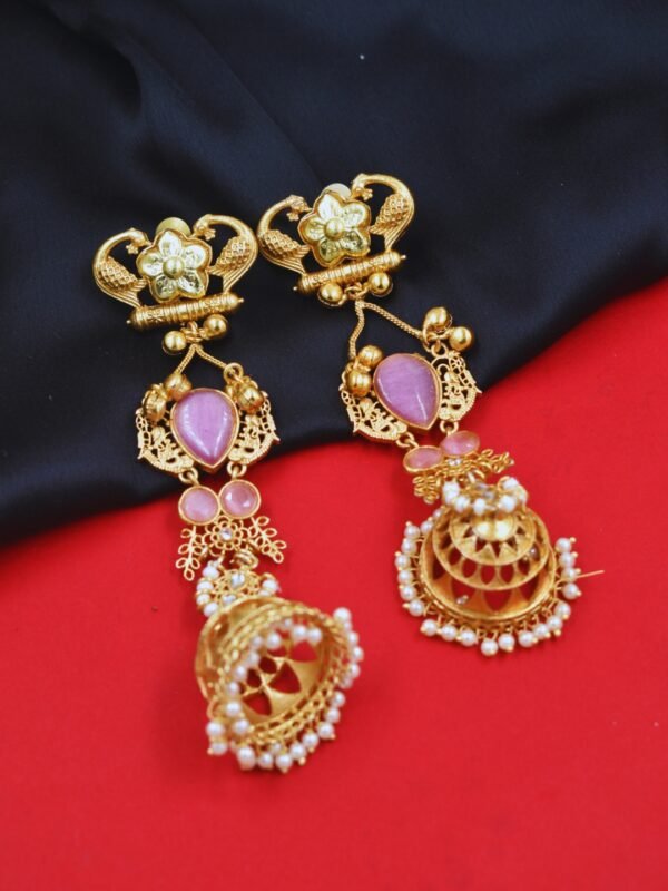 Beautiful Handmade Long Gold Plated Kashmiri Earring Embellished with Ghungroo - Image 3