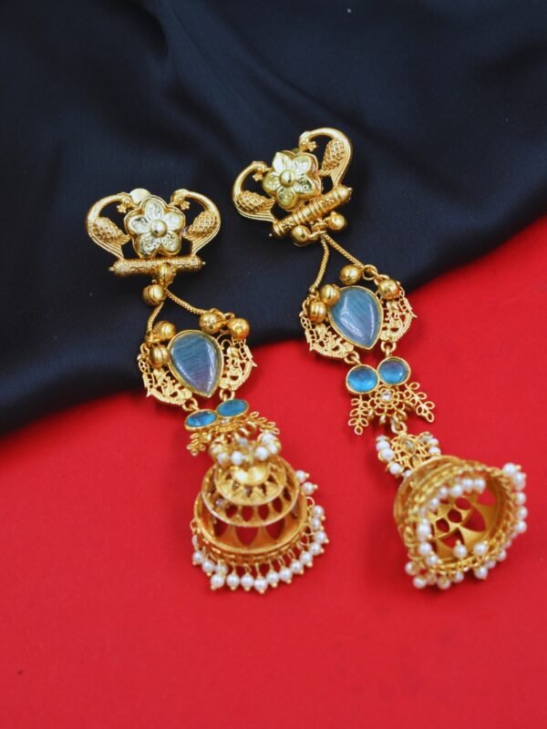 Beautiful Handmade Long Gold Plated Kashmiri Earring Embellished with Ghungroo - Image 3