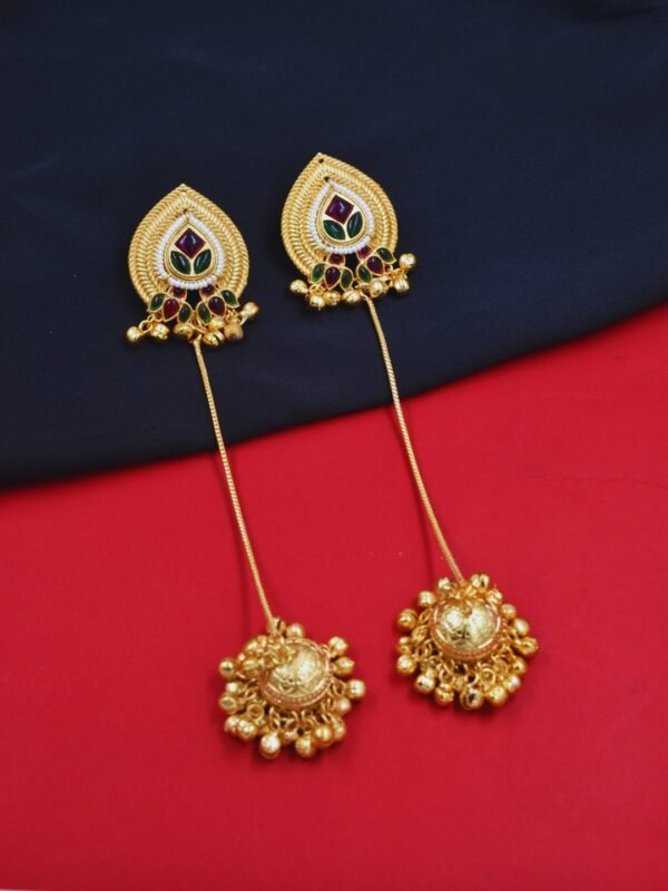 Beautiful Handmade Long Gold Plated Kashmiri Earring Embellished with Ghungroo - Image 3