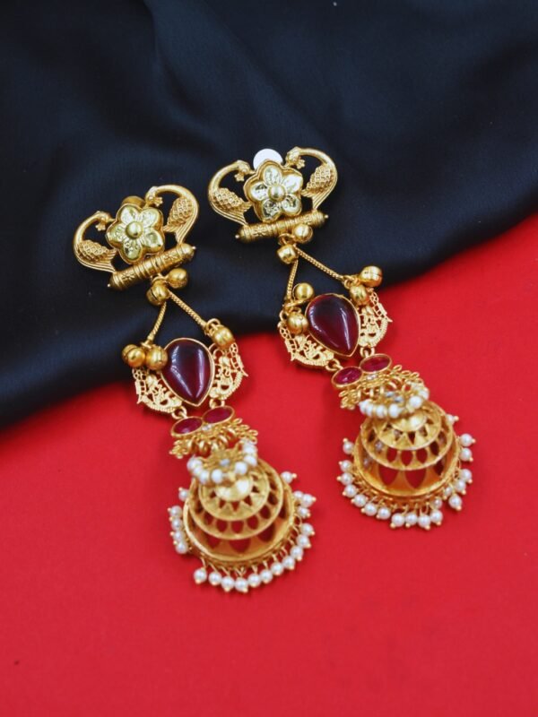 Beautiful Handmade Long Gold Plated Kashmiri Earring Embellished with Ghungroo - Image 3